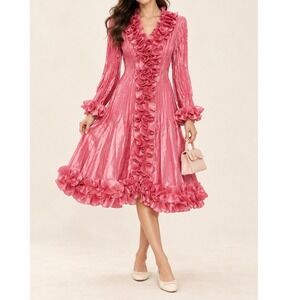 Jerry T Pink Pleated Ruffle Midi Dress Long Sleeve Metallic Vintage Inspired d5